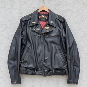 Harley Davidson Black Leather Biker Jacket Belted Quilted Lining Large Vintage